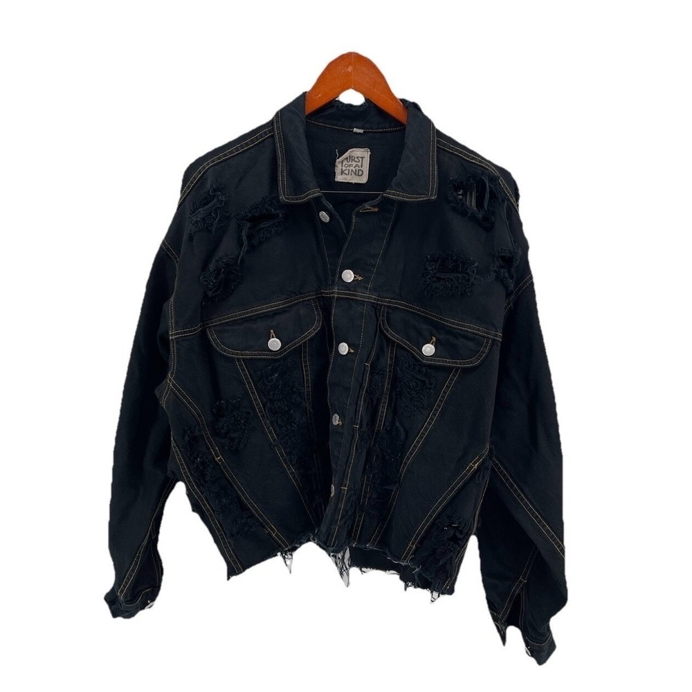 Vintage GUESS Georges Marciano Distressed Black Denim Jacket Womens Cropped USA